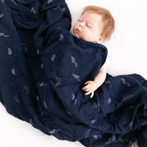 woven technics leaves custom cotton gauze print muslin blanket for baby