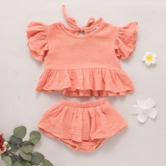 Hot sale 100% cotton gauze baby girls clothes and pants cloth set