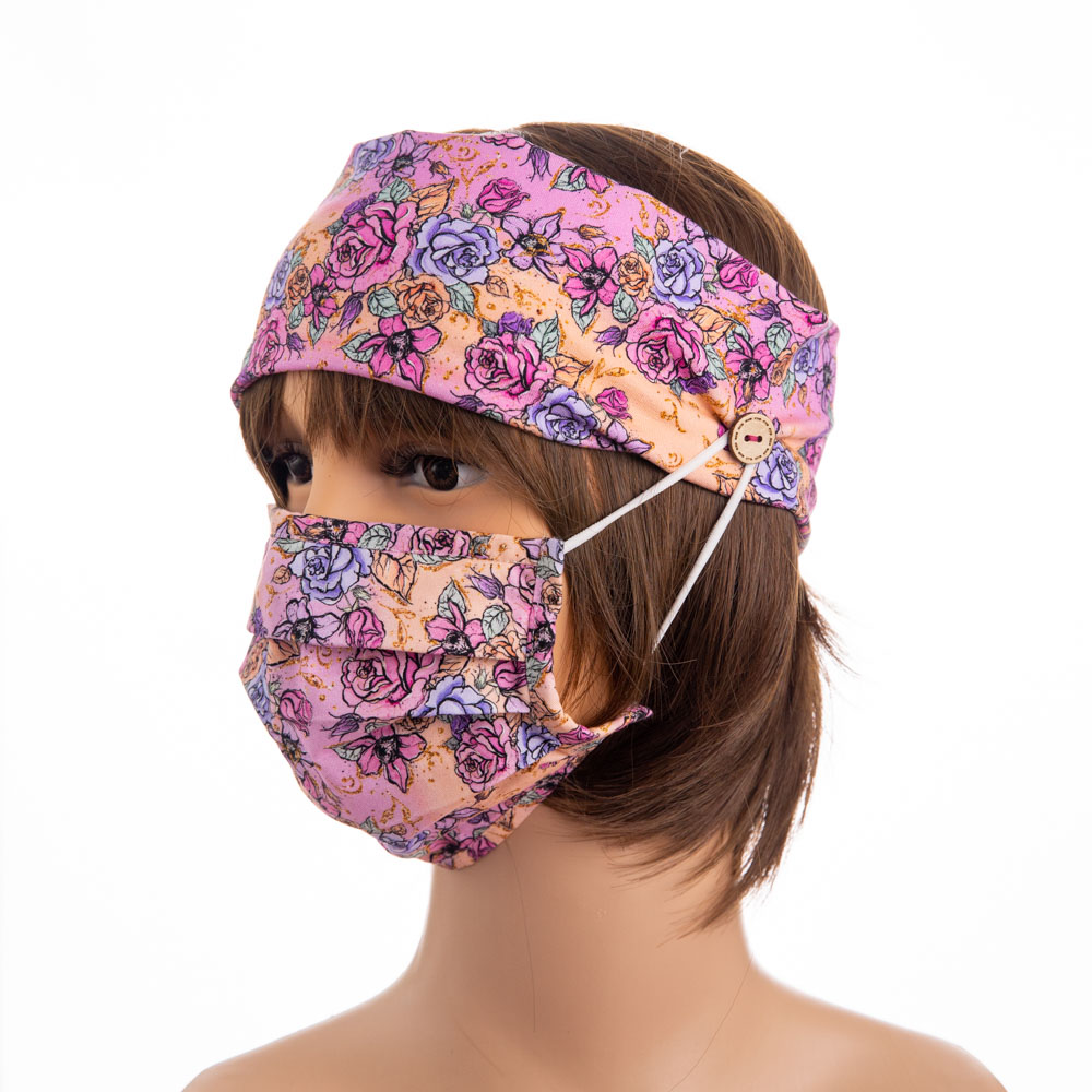 Sofe yoga sport head band floral custom digital printing ear saver knitted cotton headband with buttons for mask