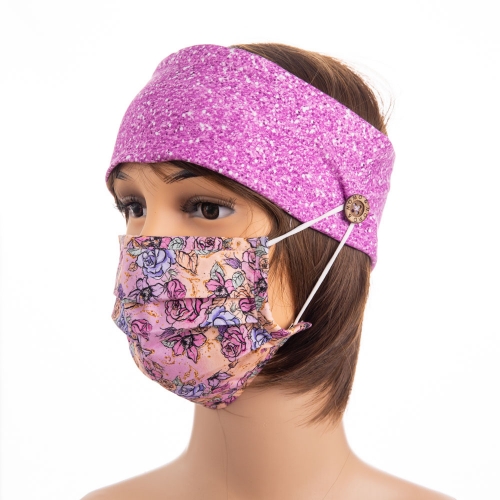 Custom well made glitter digital printing stretch cotton fabric ear saver button face mask headbands