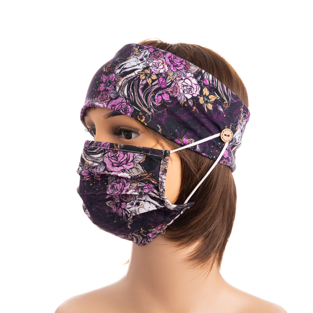 Bulk instock 4 ways stretch custom digital printed knitted cotton button mask headband