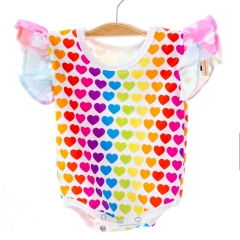 Custom rainbow printed high quality sewing boutique baby girl shower gift ruffled sleeve 100% cotton baby clothes onesie