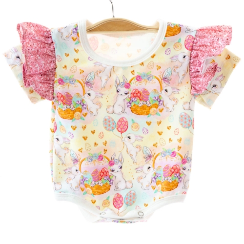 Custom all over digital print super soft and smooth organic cotton ruffle sleeve baby girls jumpsuit romper