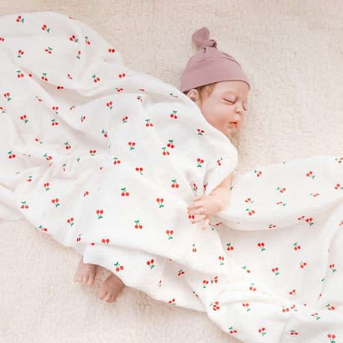 So soft and adorable cherry print 100% cotton muslin double layers gauze swaddle wrap blanket for baby