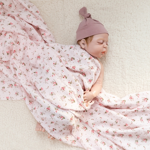 Baby pink floral printed 100% cotton muslin gazue swaddling wrap blanket