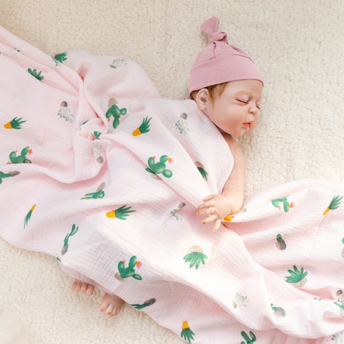 Baby pink cactus printed100% cotton swaddling wrap blanket