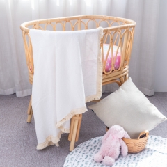 Tassels white 100% cotton muslin swaddle blanket for bibies