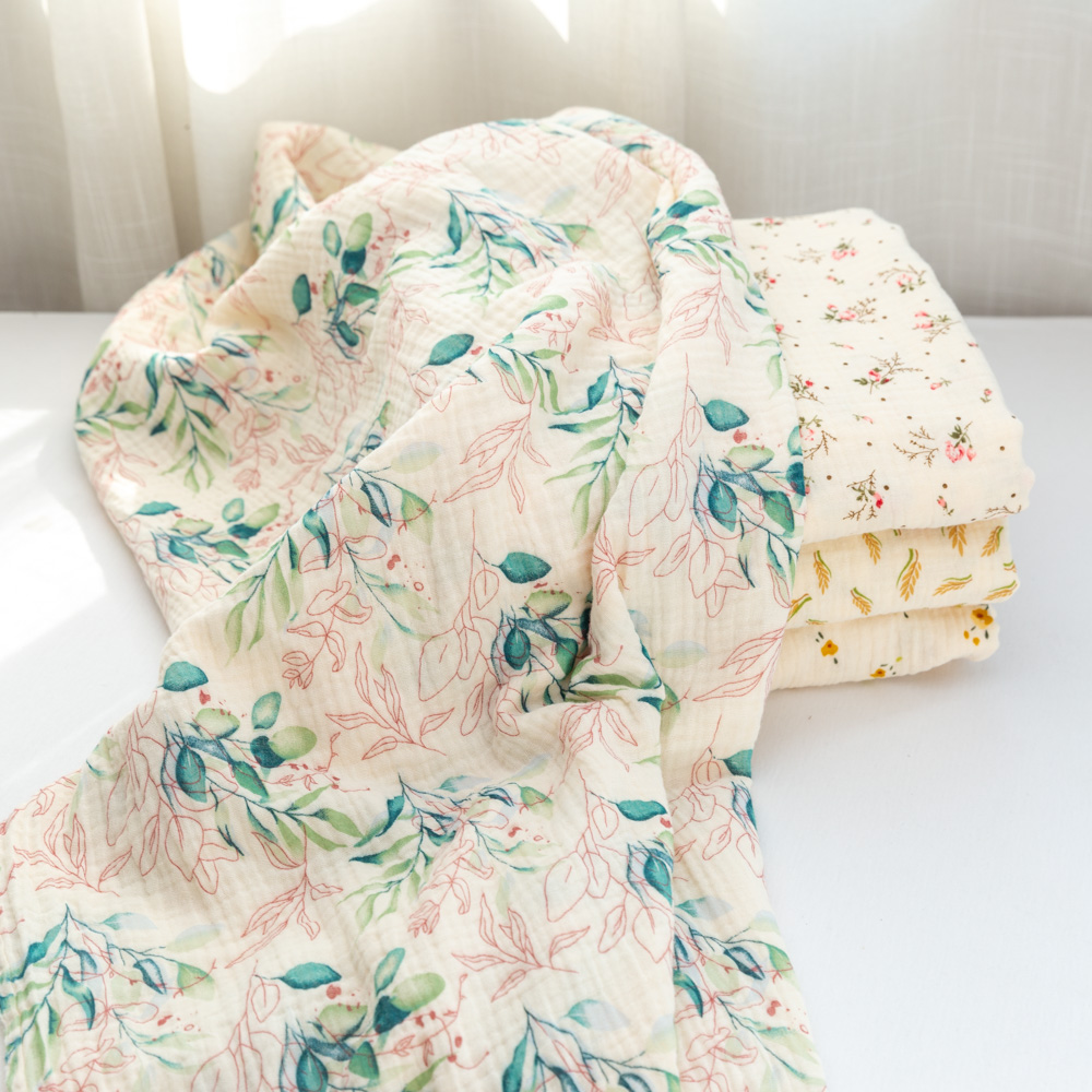 Natural floral patterned soft and breathable 100 cotton muslin gauze swaddle fabric