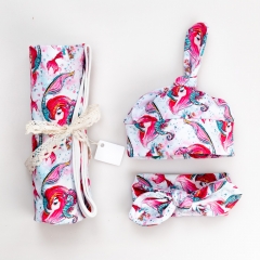 Well made adorable mermaid pattern custom digital printing bringing home baby beanie knotted hat and swaddle set