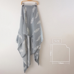 Beautiful color feather print 120x120cm soft and cozy 2 layer cotton bamboo muslin baby swaddle